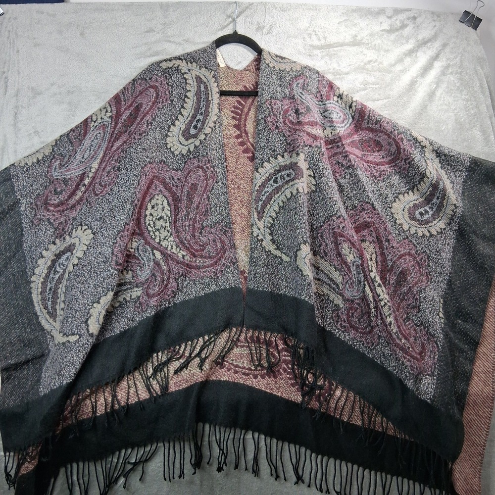 Indigo Soul Paisley Fringe Poncho Wrap Shawl Grey Burgundy Black One Size